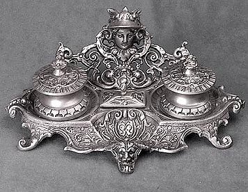 Pewter Double Inkwell 51551: Dimensions: 4.25 H, 11.25 W, 1.00 D BG
