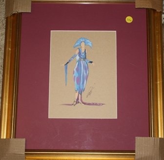 Rare Erte Gouache: Framed rare gouache by artist Erte "La Pretentieuse"
