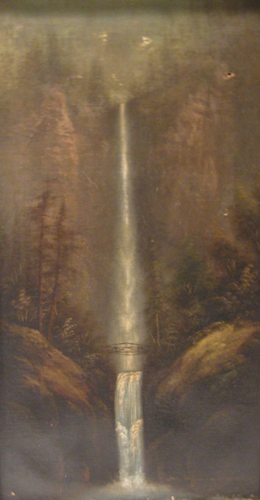 Painting by Eliza Rosanna Lamb Barchus (American, 18: Eliza Rosanna Lamb Barchus (American, 1857-1959). "Multnomah Falls", oil on canvas. Circa approximately 1890. Image dimension 22" x 12". Signed by artist. Framing in fair condition.