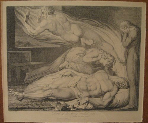 Engraving by L. Schiavonetti (Italian, 1765-1810),: L. Schiavonetti (Italian, 1765-1810) & William Blake (English, 1757-1827). "Death of the Strong Wicked Man", engraving. Circa 1813. Image dimension 10" x 11".