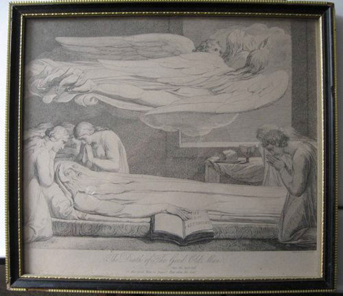 Engraving by L. Schiavonetti (English), drawn by W: L. Schiavonetti (English) & William Blake (English, 1757-1827). "The Death of the Good Old Man", engraving. Circa 1813. Image dimension 9" x 10". Frame dimension 10" x 12". Framing in excellent condit