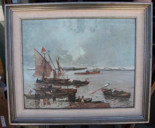 Painting attributed to Mose Bianchi (Italian, 1840: Mose Bianchi (Italian, 1840-1904). "Harbor Scene", oil on canvas. Image dimension 16" x 20". Signed by artist. Framing in good condition.
