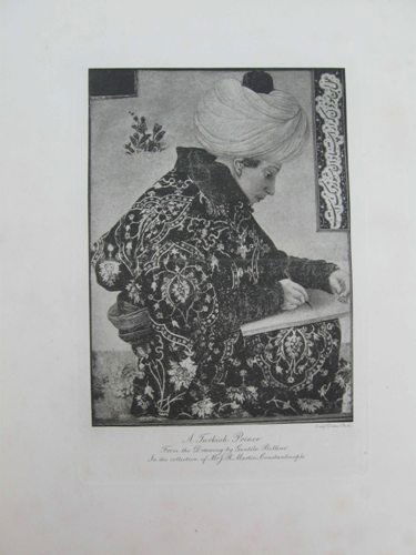 Engraving by Emery Walker (English, 1851-1933): Emery Walker (English, 1851-1933). "A Turkish Prince", engraving. Circa approximately 1990. Image dimension 9" x 6". Reads: "From the Drawing by Gentile Bellini", "In the collection of Mr. J. R. Marti