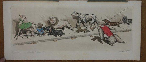 Etching by Boris O'Klein (French, 1893-1985): Boris O'Klein (French, 1893-1985). "Liberte Cherie", etching. Image dimension 6" x 17". Pencil signed by artist; signature partially illegible. Hand colored. Slight water spotting.