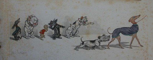 Etching by Boris O'Klein (French, 1893-1985): Boris O'Klein (French, 1893-1985). "Dogs", etching. Image dimension 6" x 17". Pencil signed by artist; signature partially illegible. Hand colored. Moderate water spotting.