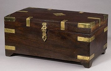 Brass fitted square box: Code: 51621 Medium finish wood with brass finish metal accents, design and latch. Hindged lid opens to storage. Dimensions: 7.00 H, 15.00 W, 9.00 D BG