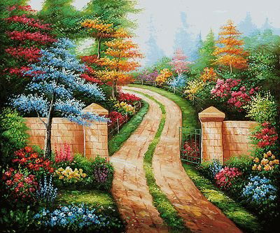 Thomas Kincade Spring Gate: This remarkable oil painting bears a strong resemblance to a Thomas Kinkade masterpiece. The exceptional use of color, detail and brush strokes accentuate the beauty of this piece. The delightful and