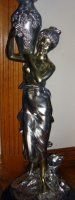 17: Silver & Gold Maiden Holding a Jug by Moreau: Silver & Gold patina bronze maiden holding a jug by Moreau. Dimensions are about 35x8x8