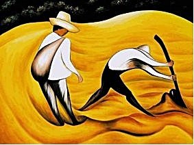 445: Signed Limited Edition Oil "Peasants" Rivera: 20x24 Canvas Signed Limited Edition Oil on Canvas attributed to Rivera; it has been hand embellished by authorized artist, comes with COA. A Handmade art reproduction of Diego Rivera's 1931 masterpiec