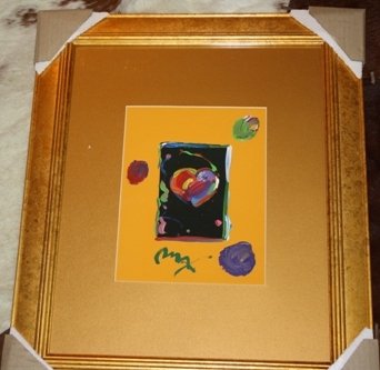 riginal Peter Max Mixed Media Heart: Original mixed media by artist Peter Max "Black Heart Series" beautifully framed comes with coa