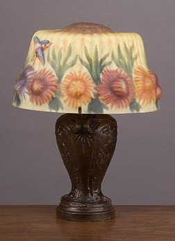 Pairpoint Lamp: Code: 50221 Bronze finish metal base with raised design and hand painted puffy glass shade that has flower and bird design. Uses one standard base night light bulb. Dimensions: 13.50 H