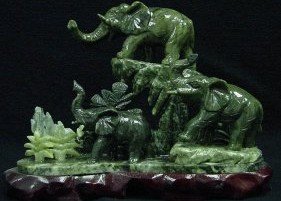 3S: JADE 3 ELEPHANTS MOUNTAIN: SKU: J150 THE ELEPHANTS ARE MADE OF TAIWAN JADE IN CHINA. IT IS IN LIGHT AND COOLING GREEN COLOUR AND GLOSSY SURFACE. THEY ARE CARVED FROM ONE WHOLE PIECE OF SOLID JADE. ELEPHANTS FAMILY ARE PLAYING O