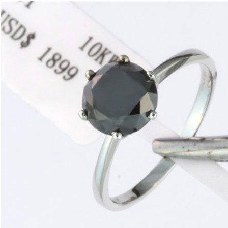 3 ctw. Black Diamond Solitaire 10K Gold Ring RD-54: Gem Type: 3 ctw. Genuine Black Diamond Solitaire Gem Cut: Brilliant Round Cut 100% Genuine Diamond Setting Type: 6-Prong Tiffany Style Solitaire Setting Metal Type: Solid White Gold Metal Stamp: 10K R