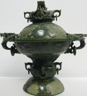 HIGH QUALITY JADE BURNER / URN: SKU: D27-17 This is a beautiful, rare and unique artwork. The Burner / urn is made from natural green jade. High transparent. Dragon and lions are carved on the surface of the burner. Rings are hangin