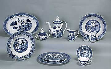 Dinner set. Blue Willow pattern: Code: 37889 Dinner set. Blue Willow pattern. 47 pieces. Set includes 8 five-piece place settings (dinner plate, salad plate, soup bowl, cup and saucer). Serviing pieces include teapot, sugar, creamer,