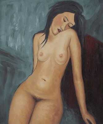 Female Nude: Hand painted oil on 20 X 24 stretch canvas with COA. Authorized in house artist, signed limited edition series. of a famous Modigliani painting, Female Nude. The original masterpiece was created in 19