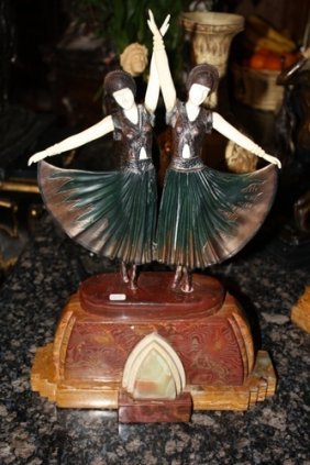 Signed Bronze & Ivory Deco Sisters Chiparus: Signed bronze and ivory art deco sculpture by Chiparus "Dolly Sisters" sits on a marble/onyx base, signed Chiparus, Etling Paris foundry mark, about 21" tall, came out of the Henrybonnard estate from 