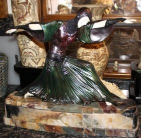 Signed Bronze & Ivory Deco Thais Chiparus: Signed bronze and ivory art deco sculpture by Chiparus "Thais" sits on a marble/onyx base, signed Chiparus, Etling Paris foundry mark, about 21" tall cc002000