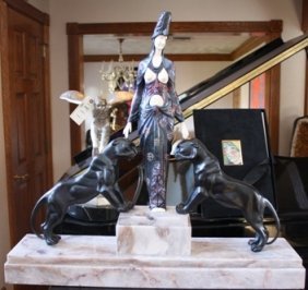 Signed Bronze & Ivory Deco Book Beast Chiparus: Signed bronze and ivory art deco sculpture by Chiparus "Master of the Beast" sits on a marble/onyx base, signed Chiparus, Etling Paris foundry mark, about 25" tall