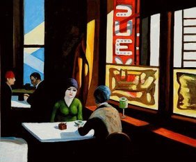 Hopper - Chop Suey: Chop Suey is a remarkable oil painting with exceptional use of color, detail and brush strokes. First created in 1929 this painting pays close attention to the effects of light on a pair dining. This 