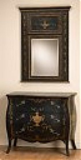 Three drawer chest with mirror.: Black finish with gilt trim. Urn design on front of cheST REF: 47562Dimensions: 37.00 H, 43.00 W, 22.00 D