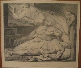 Engraving by L. Schiavonetti (Italian, 1765-1810): L. Schiavonetti (Italian, 1765-1810) & William Blake (English, 1757-1827). "Death of the Strong Wicked Man", engraving. Circa 1813. Image dimension 10" x 11".