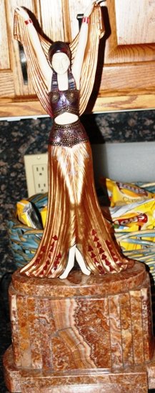 Chiparus - Bronze and Ivory 'Salome': Signed bronze and ivory art deco sculpture by Chiparus "Salome" sits on a marble/onyx base. Signed Chiparus, Etling Paris foundry mark and is about 11x8x25