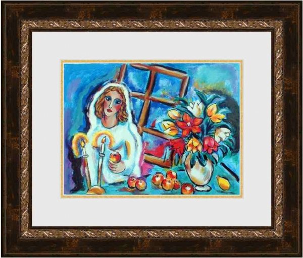 Glowing Candles by Alex Meilichson Item: 137-61: Image Size: 9 x 12" Framed Size: 18 1/16 x 21 1/16" Inner Mat: Gold Outer Mat: Talc (white w/gray speckle) Frame: Bronze with Gold Rope Frame: 3" Brown with Gold Lip Medium: Serigraph (Hand Signed & #