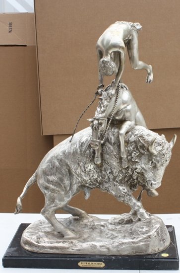 Silver Bronze Buffalo Horse Remington: Silver patina bronze Buffalo Horse by artist Frederic Remington, dimensions are about 25x17x10