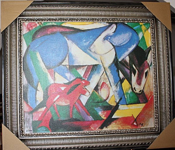 "Les Premier Animaux" by Franz Marc: Franz Marc (February 8, 1880 – March 4, 1916) was one of the principal painters and printmakers of the German Expressionist movement. He was a founding member of "Der Blaue Reiter" ("The Blue Rider"