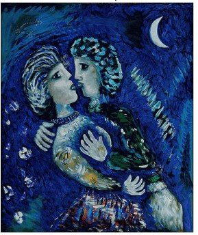59K: Chagall - Lovers with Half Moon, 1926: Hand painted oil on 20 x 24 stretched canvas with COA. Authorized in-house artist signed limited edition Chagall paintingsLovers with Half Moon, 1926.