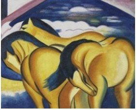 346: Marc - Little Yellow Horses: Little Yellow Horses is a handmade oil painting inspired by the style of Franz Marc. It would make a wonderful gift for anyone who loves horses.