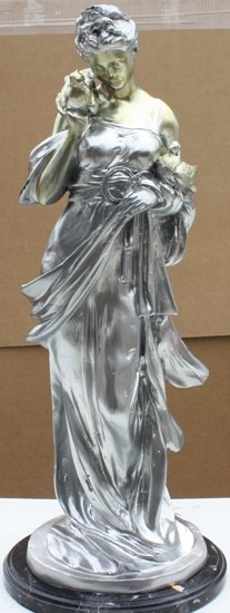 Silver & Gold Bronze Maiden Moreau: Silver and gold patina bronze Maiden by artist Moreau, dimensions are about 28x11x7 and weighs about 75lbs.