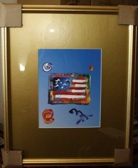 Original Mixed Media Peter Max: Original mixed media by Peter Max "Flag- Blue" beautifully framed comes with all paperwork