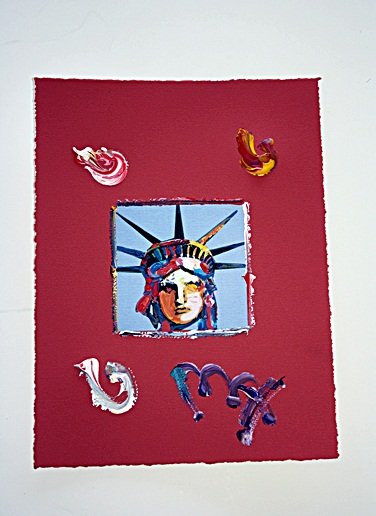 Original Peter Max mixed media "Liberty - Red": Original Peter Max mixed media on paper - "Liberty - Red". Beautifully framed. Approx. size: 20"x24". CC8039D