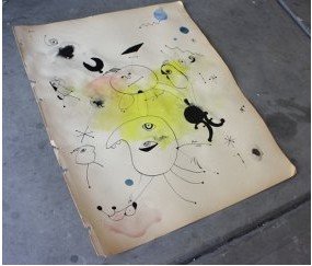 Joan Miro Drawing: A pen and ink wash drawing attributed to Joan Miro. Pale color washes. This draing along with two others were found in an estate sale outside of Las Vegas. It has a small tear on one side that doesnt 