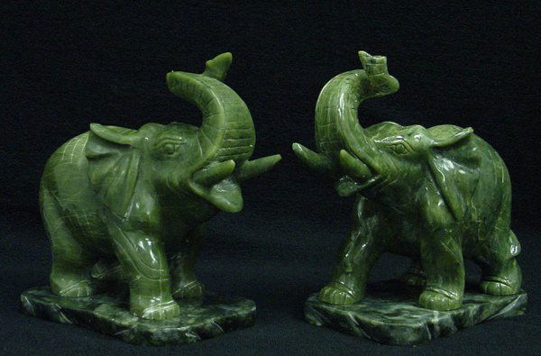 PAIR OF JADE ELEPHANTS: SKU: F1186 This pair of elephants are made of real jade. It comes with jade bases. Induvidual Size: L: 3", W: 2", H: 3". SA0040