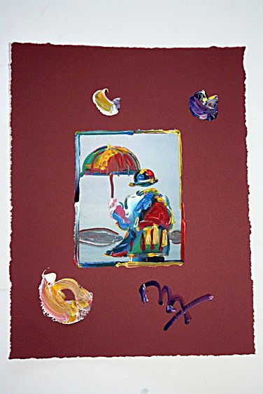 Original Peter Max mixed media "Umbrella ": Original Peter Max mixed media on paper - "Umbrella ". Beautifully framed. Approx. size: 20"x24". CC8039D
