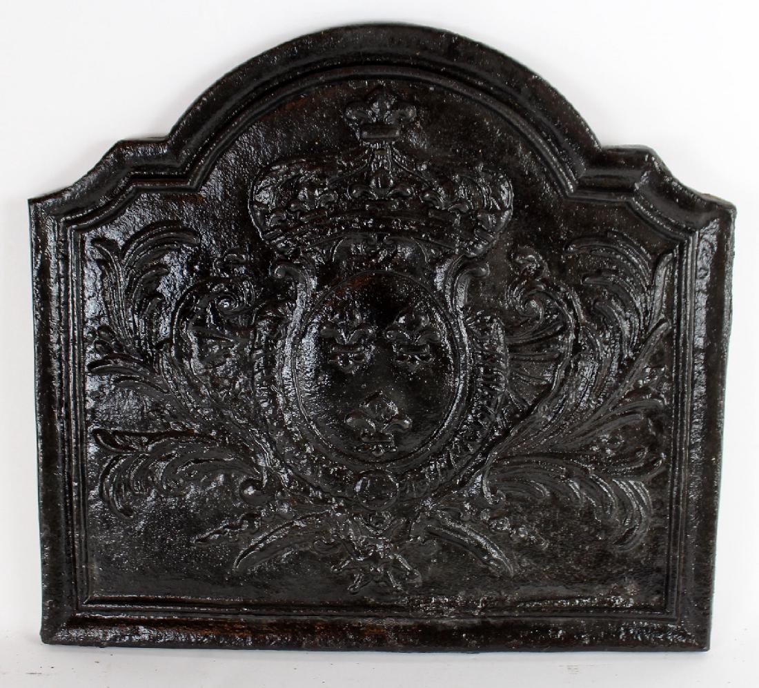 Antique French cast iron fireback with crown (1 of 4)