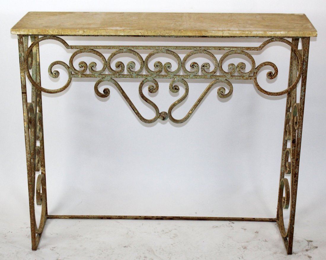Scrolled iron console with marble top (1 of 3)