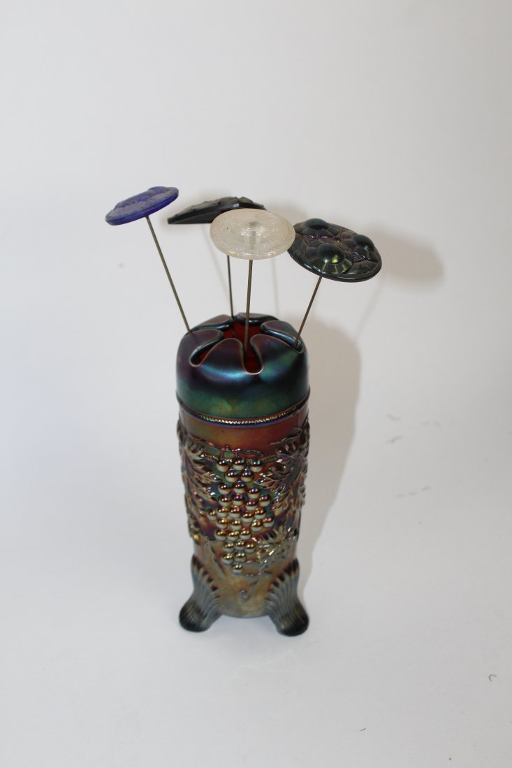 Carnival glass grape & cable hat pin holder with pins (1 of 7)