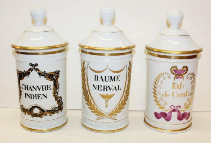 Grouping of 3 French porcelain apothecary jars. (1 of 4)
