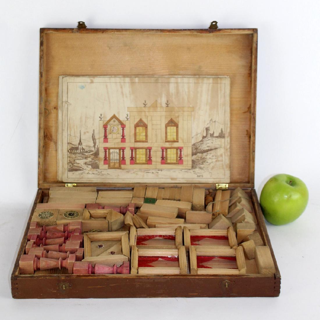 French wooden architecture game in box.: Vintage French wooden architecture game in box. 2 1/2"h x 15"w x 11"d