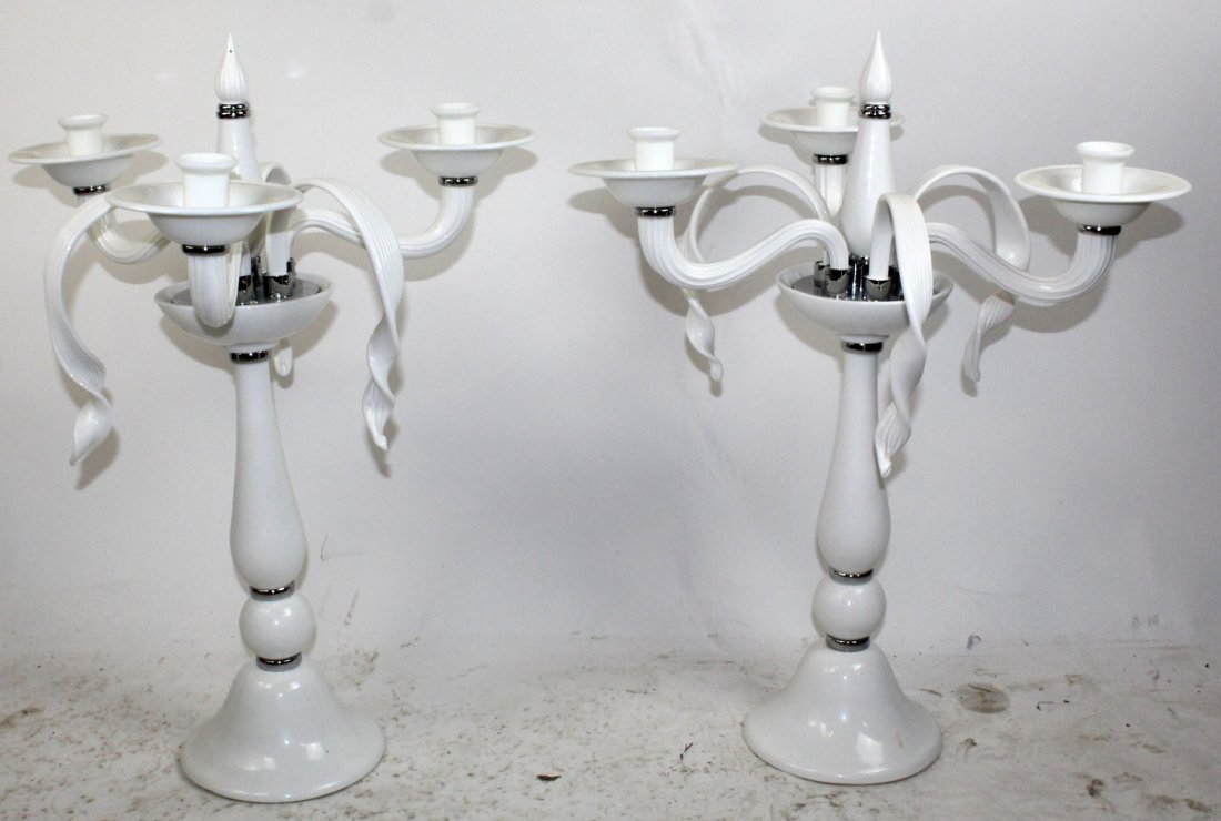 Pair of Modern opaque white glass epergnes: Pair of Modern opaque white glass epergnes. 27"h x 21"w