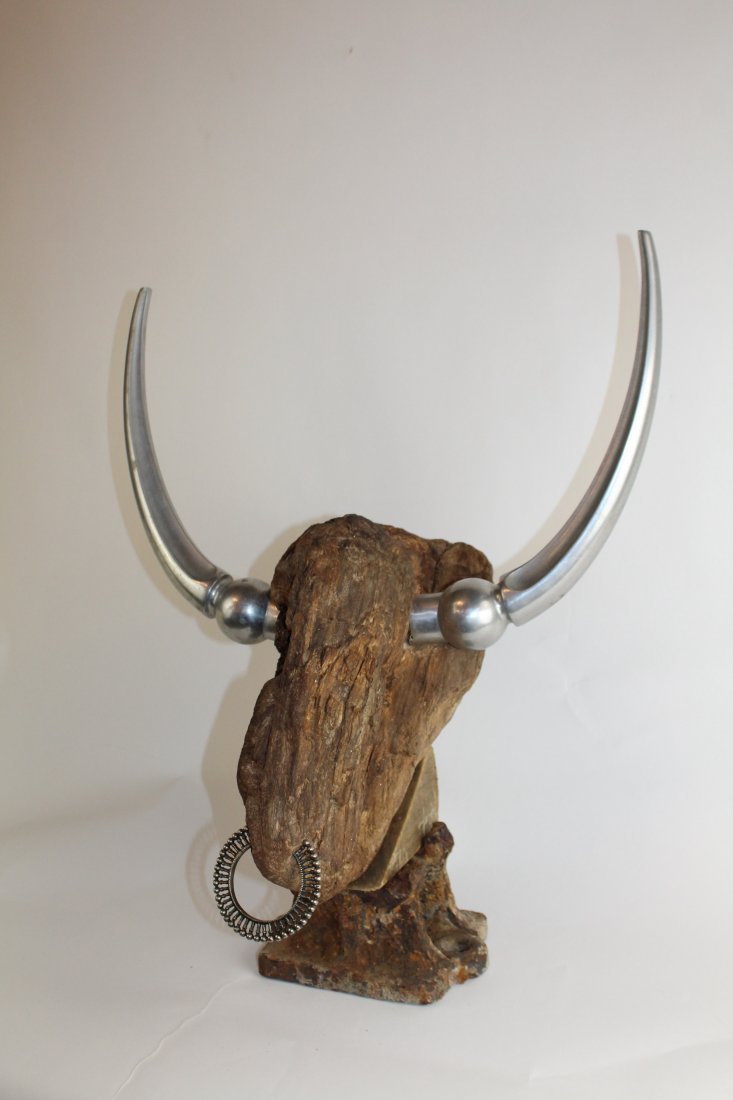 French driftwood & stainless sculpture of bull (1 of 2)