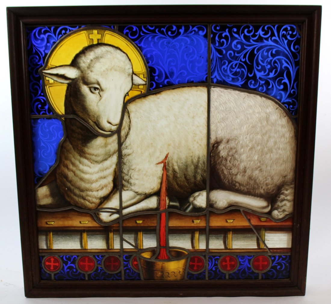 French painted & stained glass religious window (1 of 6)