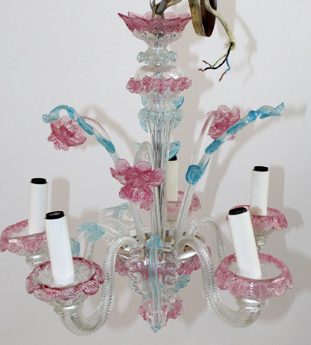 Murano glass 5 arm chandelier: Murano glass 5 arm chandelier with pink flowers. Circa 1970's. 18 1/2" drop x 17" wide