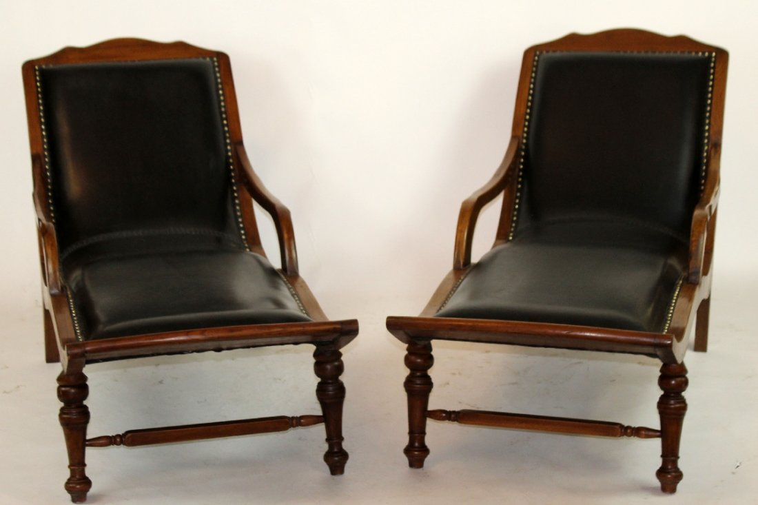 Pair of mahogany and leather chaise lounges (1 of 4)