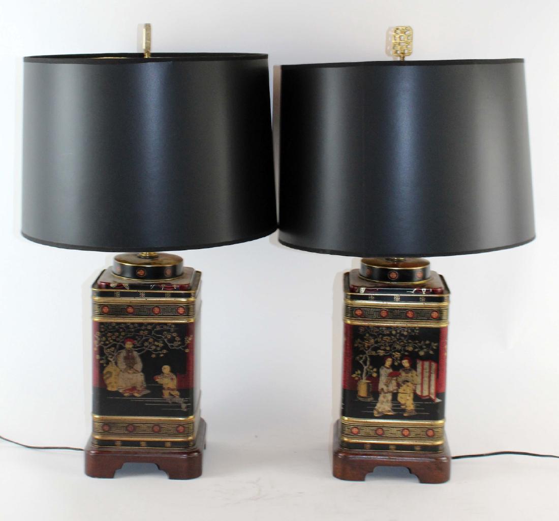 Pair Chinese tin tea canister lamps: A pair of Chinese tin tea canister lamps. Attributed to Frederick Cooper. 28 1/2"h