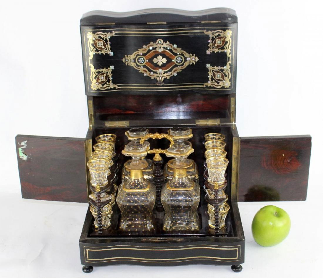 French Napoleon III tantalus in ebonized inlaid case (1 of 8)